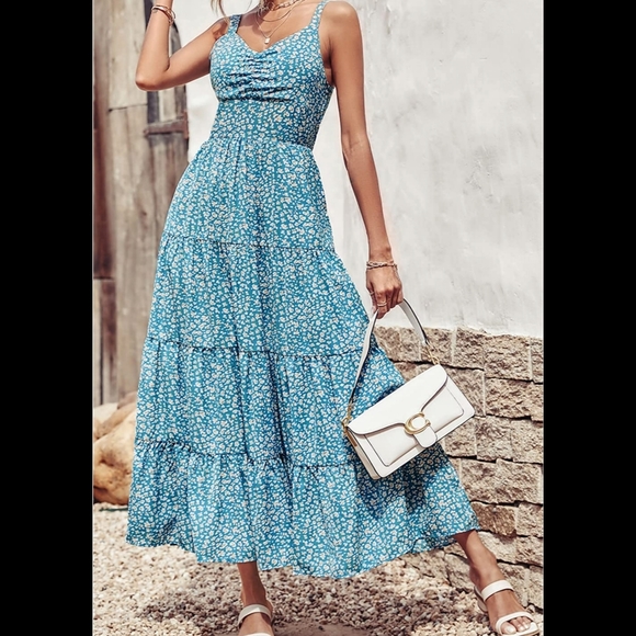 Women's maxi long dress tie back beach dress boho flowy pleated dress floral - Picture 5 of 6